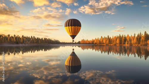 Hot air balloon passing low above a lake with sunrise reflections. Generative ai
