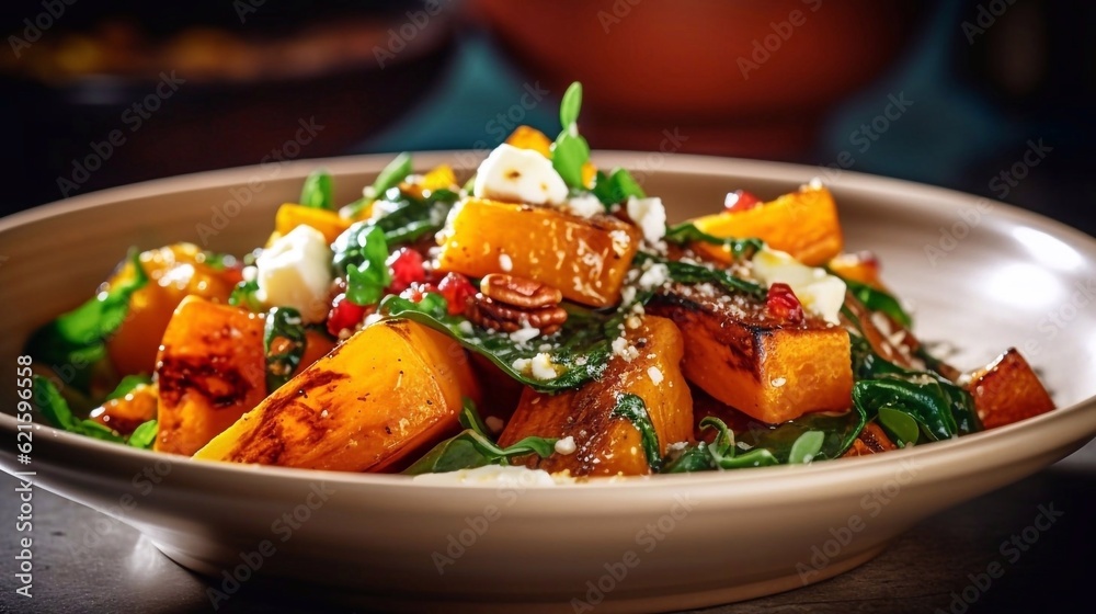 Close up of Roasted Pumpkin Salad in plate on dark table. Top view, aI generated Close up of Roasted Pumpkin Salad in plate on dark table. Top view, aI generated