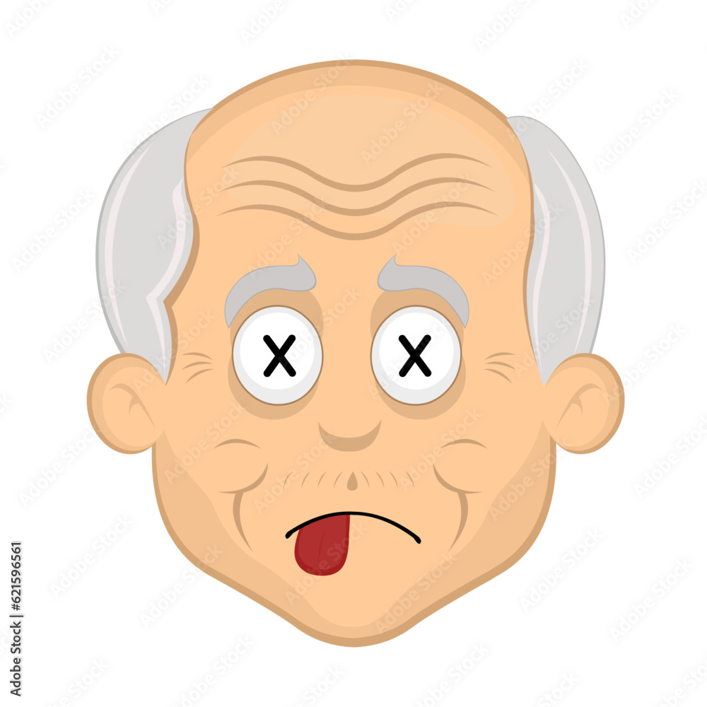 vector illustration face grandfather or old man cartoon, dead with crosses in the eyes and tongue out vector illustration face grandfather or old man cartoon, dead with crosses in the eyes and tongue out