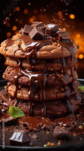 Freshly baked stack of chocolate cookies with chocolate drops on christmas background. AI generated