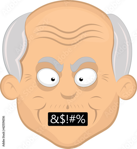 vector illustration face of grandfather or old man cartoon, with an angry expression and a censored insult in the mouth