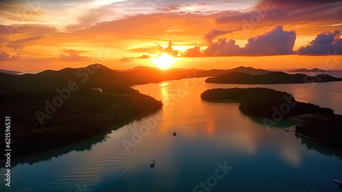 Sunrise above the group of islands in Phang Nga gulf. Generative ai