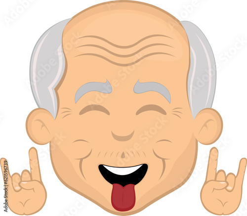 vector illustration face grandfather or old man cartoon, making the classic heavy metal gesture with hands and tongue out