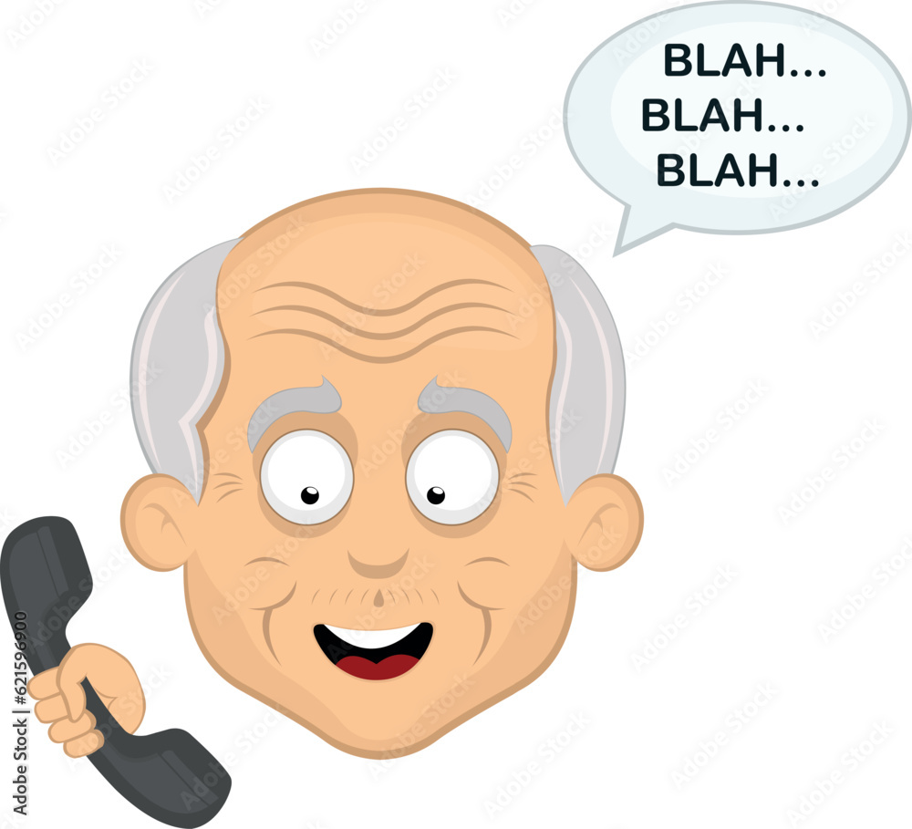 vector illustration face grandfather or old man cartoon cheerful, talking on the phone and a speech bubble with the text blah