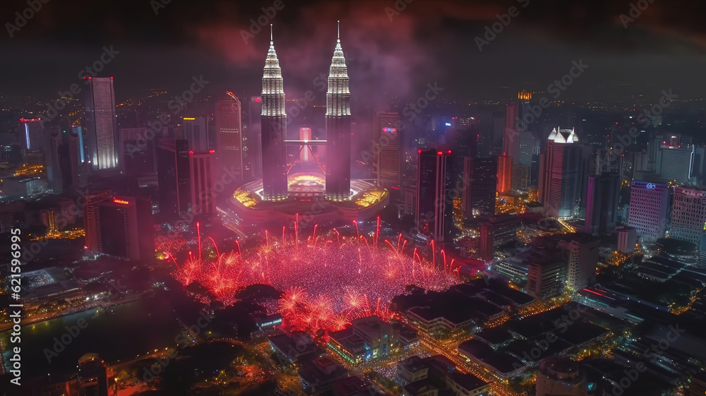 4K aerial hyperlapse of Kuala Lumpur cityscape during Chinese New Year Eve. Generative ai