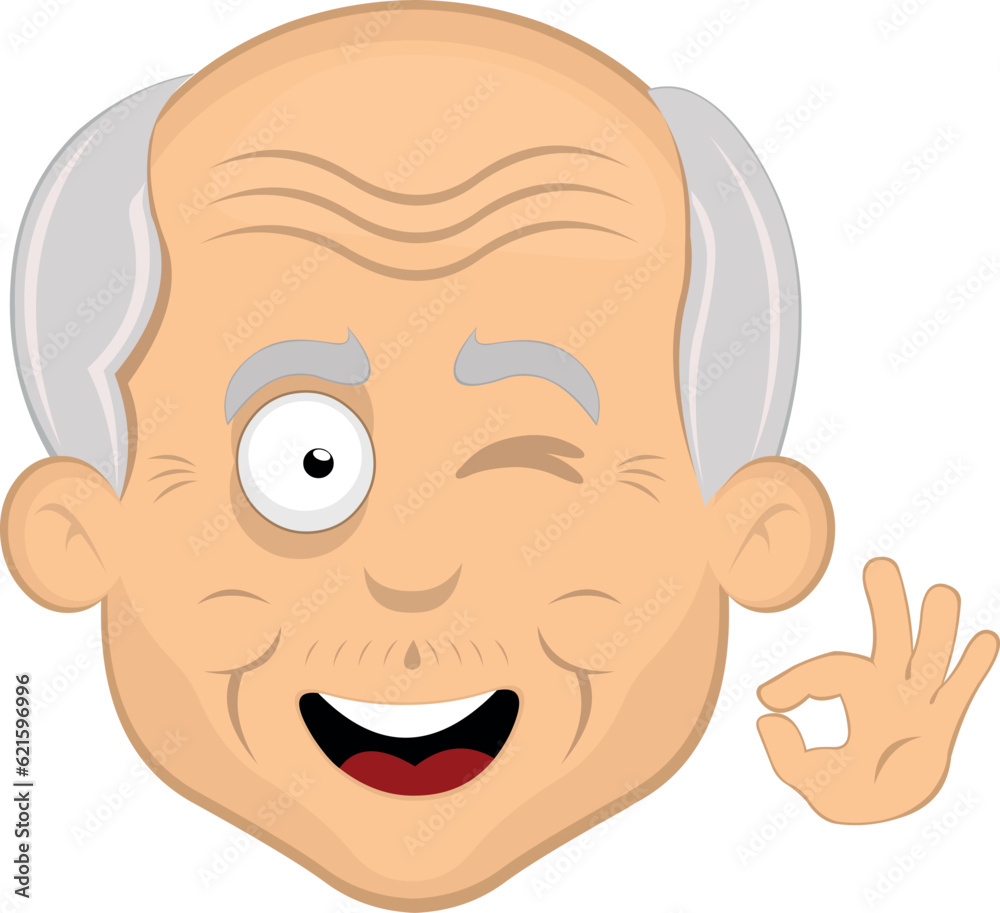 vector illustration face grandfather or old man cartoon, winking eye and with his hand making an ok or perfect gesture