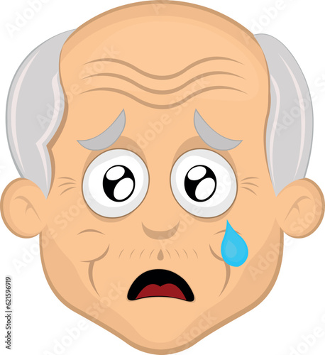 vector illustration face grandfather or old man cartoon, sad, with watery eyes and teardrop