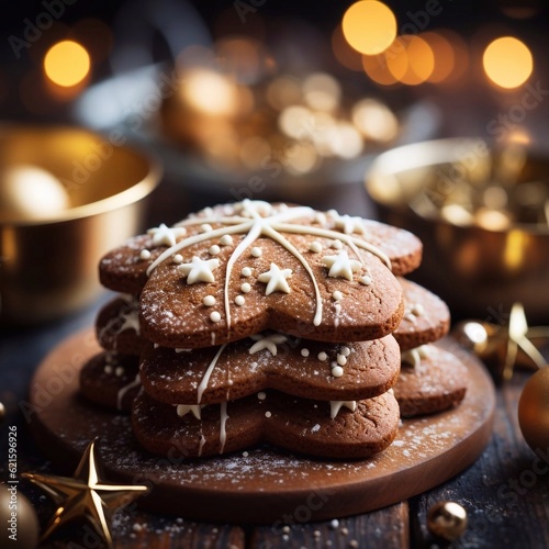 Baked stack of Gingerbread Cookie on Christmass tree party  background. Christmas traditional cookies. AI generated
