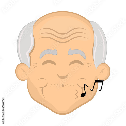 vector illustration face grandfather or old man cartoon happy, whistling with musical notes on his lips