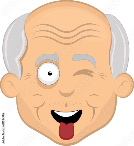vector illustration face grandfather or old man, winking eye and sticking out tongue