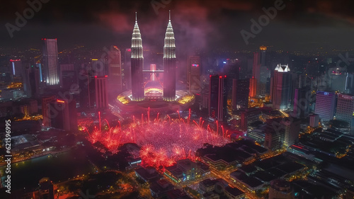 4K aerial hyperlapse of Kuala Lumpur cityscape during Chinese New Year Eve. Generative ai