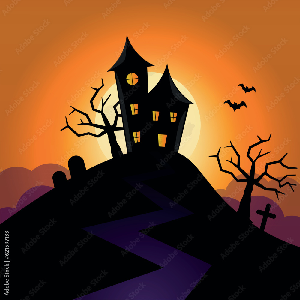 Halloween haunted house illustration, orange and black scene, with graveyard, spooky trees, fog and with bats above.