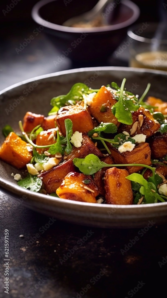 Roasted pumpkin salad with feta and quinoa on wooden table. AI generated