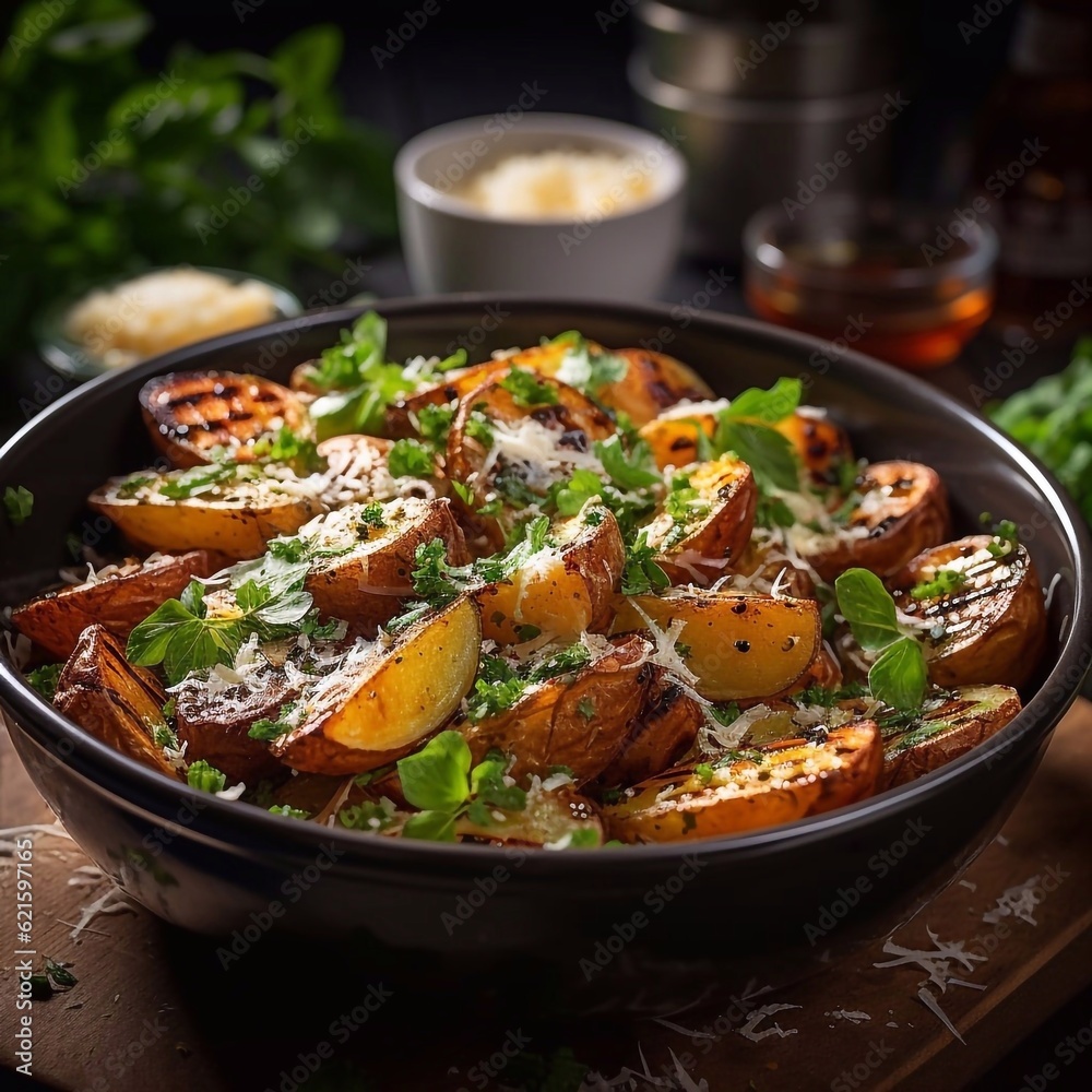 Roasted potatoes salad in bowl on the table. Top view. AI generated