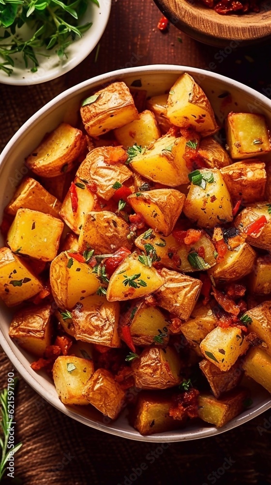 Roasted potatoes salad in bowl on the table. Top view. AI generated Roasted potatoes salad in bowl on the table. Top view. AI generated