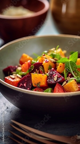  Close up of Roasted beetroot and pumpkin salad on wooden table. AI generated