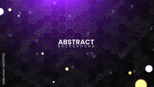 Futuristic hexagonal background with purple light. Abstract technology design on a dark polygonal background
