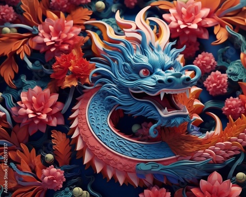 Floral design with a chinese dragon background. 3d illustration of dragon with ai generation