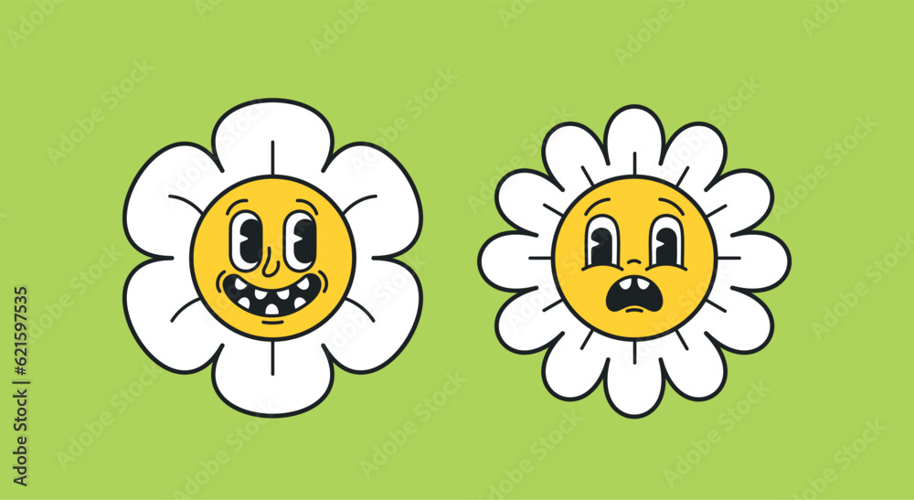 Cartoon Retro Daisy Character Happy And Unhappy Emoji. Cheerful Daisy With A Beaming Smile, Radiating Positivity And Joy