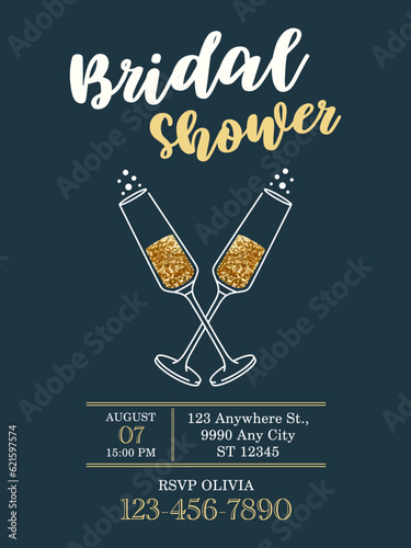 Bridal shower invitation card design.  Illustration of champagne glasses with glitter, vector. Bubbles of sparkling wine, wedding concept. Event, party, presentation, promotion, menu.