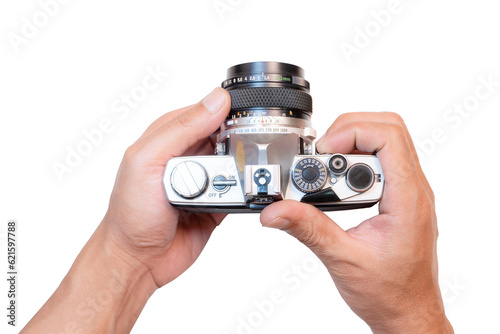 Man holding old film camera, white background and isolate.
