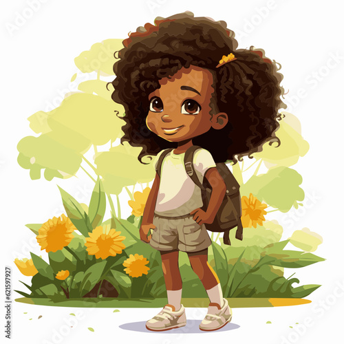 simple cartoon clipart black african american girl child in nature white background