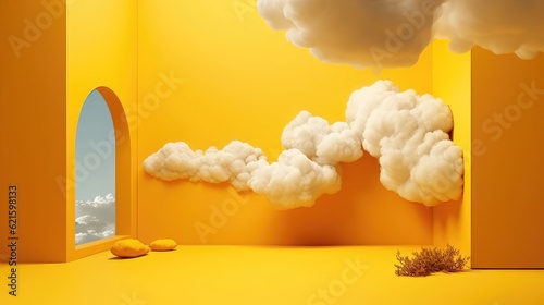 3D abstract and simple background in yellow, with white clouds floating with tunnel.