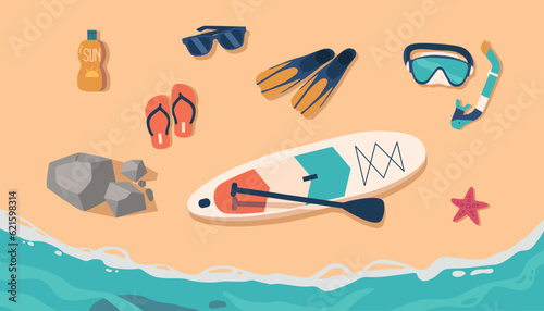 Set Various Beach Items Top View, Cream Bottle, Sunglasses, Flippers and Sup Board, Mask, Tube, Starfish on Golden Sand