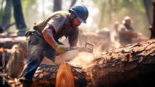 A Loggers cuts a tree trunk with a chainsaw. Felled and sawn logs of trees in the foreground. Forest clearing destroys vital habitats. Habitat Destruction and environmental problems. Copy space.Banner