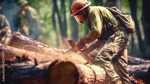 A Loggers cuts a tree trunk with a chainsaw. Felled and sawn logs of trees in the foreground. Forest clearing destroys vital habitats. Habitat Destruction, environmental problems. Copy space. Banner
