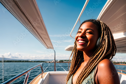 Digital photo of a funny fantastic smiling happy young black woman at the luxury yacht on a sunny day. Wildlife imagery, the concept of ecological environment. Generative AI