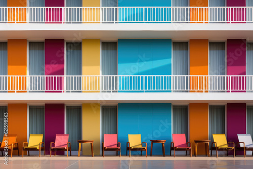 Photo colored  facade with balconies and deckchairs