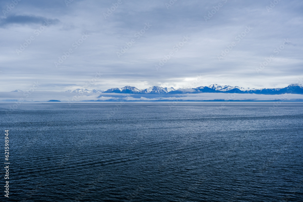 Breathtaking mountain glacier range view of Alaska mountains in Hoonah, Icy Strait Point with spectacular landscape scenery