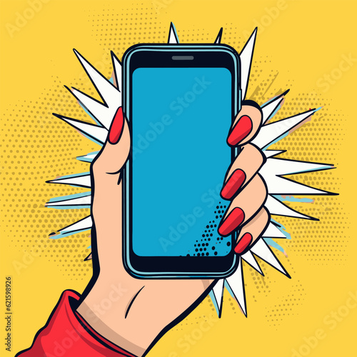 Woman hand holding smartphone. Pop art vector illustration.