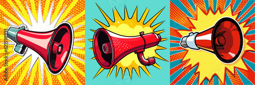 Red megaphone pop art illustration. Cartoon vector.