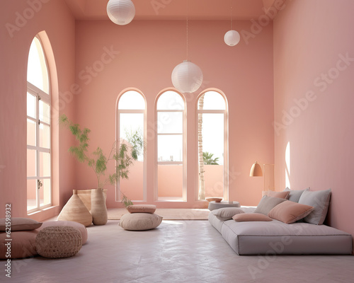 A cozy home interior with a striking pastel pink palette  complete with a plush berber-style couch  transports the viewer to an arabian oasis of comfort and warmth