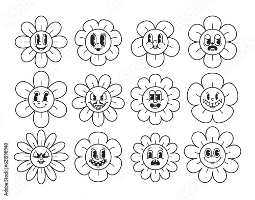 Cartoon Black White Daisy Emoticons, Retro Daisies With Expressive Emotions. Happy, Sad, Angry, Bored And Grumpy Flower