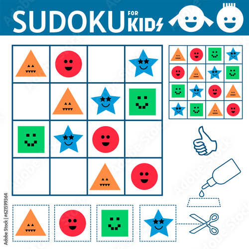 Sudoku for kids. Game with geometric shapes pictures. Puzzle game for children. Activity sheet. Education developing worksheet. Training logic,  activity page. 