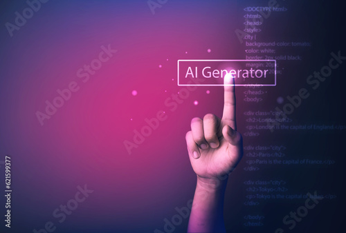 AI generator web code concept, human finger pushing Ai generator button with web code blur on background.