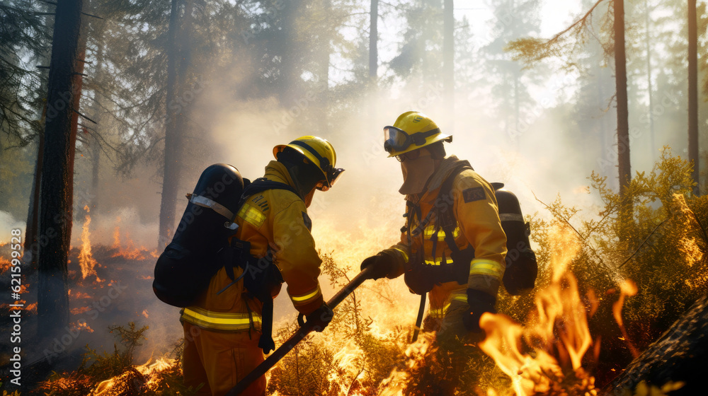Heroic firefighters fighting against the destructive force of wildfires, working to extinguish the flames and protect ecosystems from the devastating ecological impacts Heroic firefighters fighting against the destructive force of wildfires, working to extinguish the flames and protect ecosystems from the devastating ecological impacts