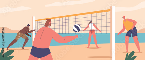 Energetic Male Female Characters Engaging In Beach Volleyball, Diving And Spiking The Ball Over A Net On Sandy Shores © Sergii Pavlovskyi