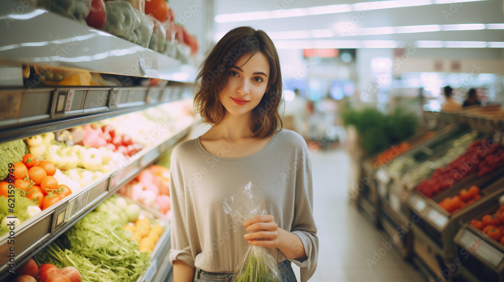 A beautiful woman in a grocery shop, generative ai