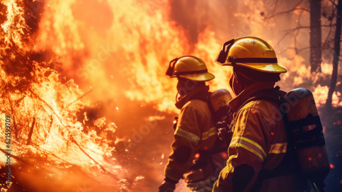 Firefighters on the front lines, working as a team to suppress the wildfire, addressing the immediate ecological crisis and to prevent further damage to vulnerable ecosystems. Copy space. Banner
