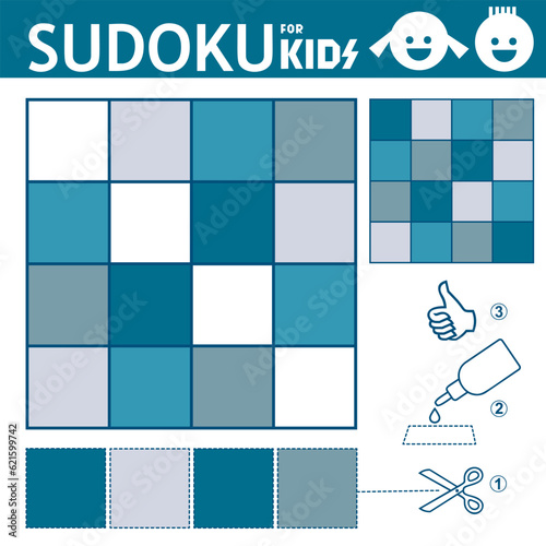 Sudoku game for kids with answers. Winter colors. Kids activity puzzle sheet. Learning cold colors. Training logic, educational game, printable page, worksheet. 