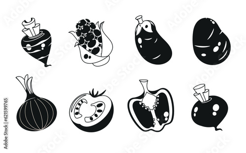 Vegetable Icons  Black And White Carrot  Corn Cob  Eggplant And Potato. Onion  Tomato  Bell Pepper And Beetroot Veggies