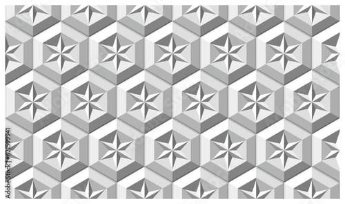 White seamless vector 3D pattern with stars and hexagons. 3d paneles for luxury interior project. 3D White tiles. Geometric ornament for design interior. Wall tiles.