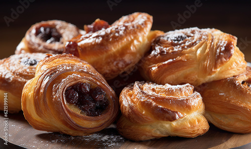  a pile of croissants sitting on top of a wooden plate. generative ai