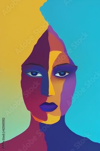 Generative AI, African American woman in abstract colorful design with makeup and a straight look with a big afro filling the vertical image © exequiel