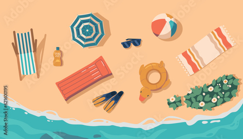 Items On A Beach Top View. Sun Umbrella, Beach Towel, Inflatable Ring and Mattress, Daybed, Flippers and Beach Ball