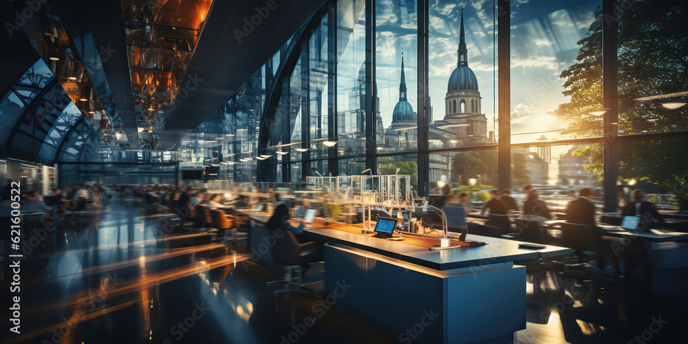 Long exposure banner of busy crowded modern office building with business people